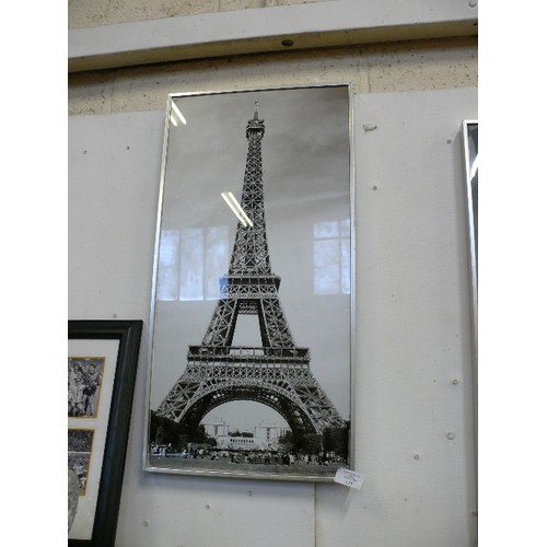 175 - A PAIR OF DECORATIVE BLACK AND WHITE PICTURES OF BIG BEN AND THE EIFEL TOWER WITH GLITTER DETAIL.