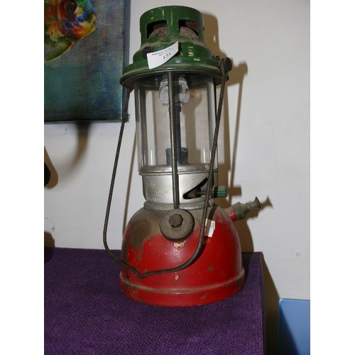 133 - VINTAGE RED AND GREEN TILLEY LAMP.