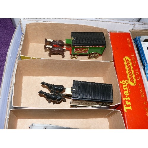 249 - A MODEL COLLECTORS BOX OF CARS, TRAINS AND  OTHER VEHICLES INCLUDING TRI-ANG, CORGI AND DINKY.