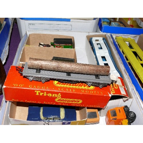 249 - A MODEL COLLECTORS BOX OF CARS, TRAINS AND  OTHER VEHICLES INCLUDING TRI-ANG, CORGI AND DINKY.