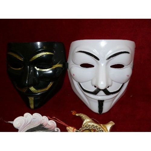 308 - TWO CERAMIC DECORATIVE VENETIAN MASKS PLUS A PAIR OF LARGER MASKS.