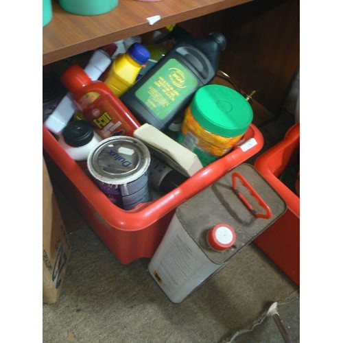 178 - LARGE BOX OF PAINT, PAINT STRIPPER, HAND CLEANER, SUGAR SOAP, BRAKE FLUID ETC ALSO ANOTHER BOX OF PO... 