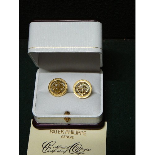 14 - A PAIR OF PATEK PHILLIPE CUFFLINKS WITH CERTIFICATE IN A PENROSE OF LONDON BOX.