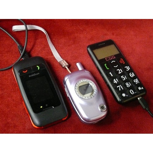 75 - EMPORIA ONE MOBILE PHONE WITH CHARGER, A PURPLE FLIP LID UK MOBILE WITH DIAMANTE DECORATION AND A CG... 