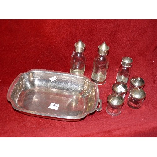 98 - SILVER PLATED TOPPED JARS, BOTTLES AND DISH.