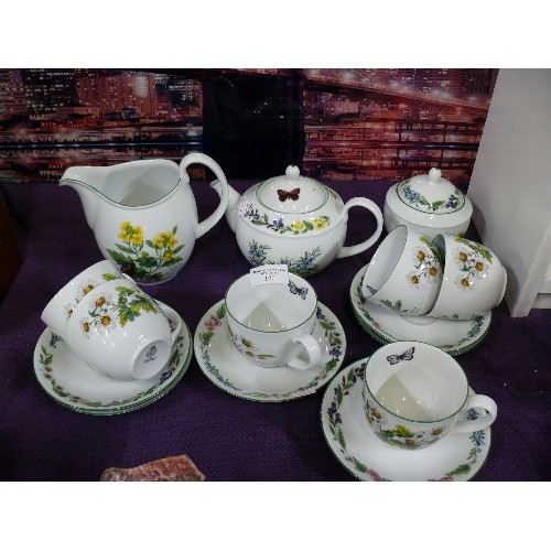 120 - ROYAL WORCESTER TEASET INCLUDING TEAPOT, SUGAR BOWL, LARGE JUG WITH SIX CUPS AND SAUCERS.