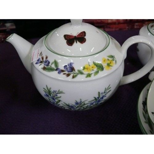 120 - ROYAL WORCESTER TEASET INCLUDING TEAPOT, SUGAR BOWL, LARGE JUG WITH SIX CUPS AND SAUCERS.