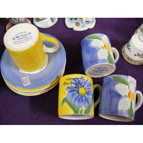 123 - SET OF FOUR HAND PAINTED BLUE AND YELLOW CUPS AND SAUCERS BY WITTARDS OF CHELSEA.