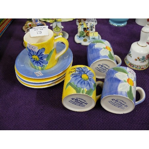 123 - SET OF FOUR HAND PAINTED BLUE AND YELLOW CUPS AND SAUCERS BY WITTARDS OF CHELSEA.