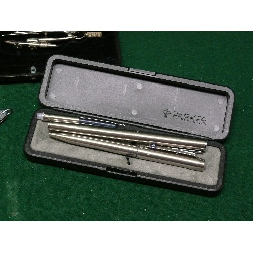 9 - PARKER PEN  BALLPOINT AND INK PEN WITH A REFILL IN CASE, PLUS PART DRAWING SET AND A PENKNIFE.