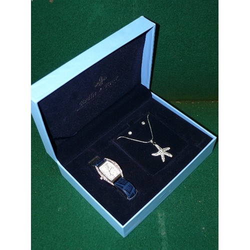 44 - BOXED BELLA AND ROSA LADIES WATCH, STUD CRYSTAL EARRINGS AND SILVER CHAIN WITH STARFISH PENDANT.