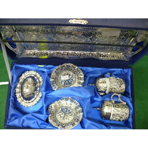 85 - SILVER COLOURED METAL INDIAN WEDDING SERVING SET - TRAY, TWO SMALL PLATES AND LIDDED CUPS WITH SMALL... 