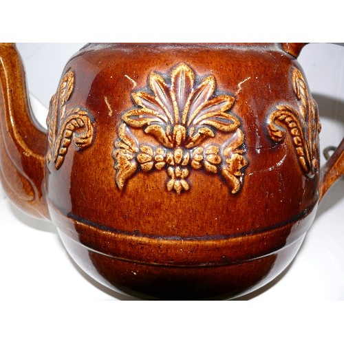 97 - VERY LARGE BROWN DECORATED TEAPOT.