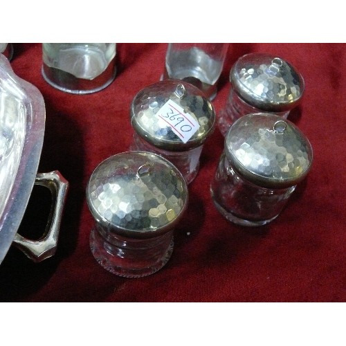 98 - SILVER PLATED TOPPED JARS, BOTTLES AND DISH.