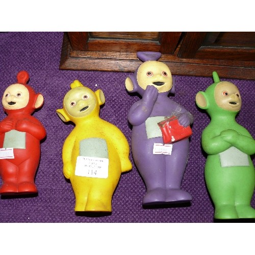 114 - COMPLETE SET OF FOUR VINTAGE TELETUBBIES TINKY WINKY, LA LA, DIPSY AND PO.