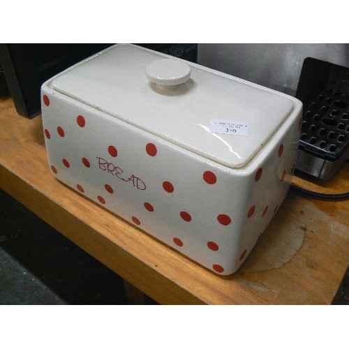 359 - A RED SPOTTY CERAMIC  BREAD BIN.