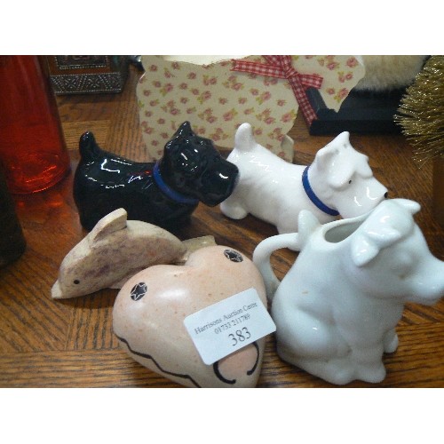 383 - SALT N PEPPER SCOTTIE DOG, WOODEN SCOTTIE DOG, CERAMIC COW CREAMER,  STONE DOLPHIN AND HANDPAINTED S... 