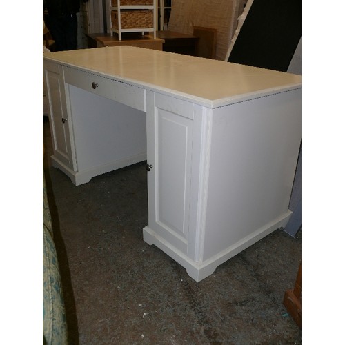 399 - WHITE DRESSING TABLE/DESK WITH CUPBOARD EITHER SIDE AND CENTRAL DRAWER.