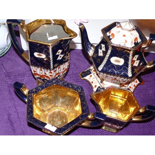 116 - VINTAGE IMAIRI STYLE TEASET INCLUDING TEAPOT AND STAND, PEWTER LIDDED JUG, SUGAR BOWL AND SMALL JUG.