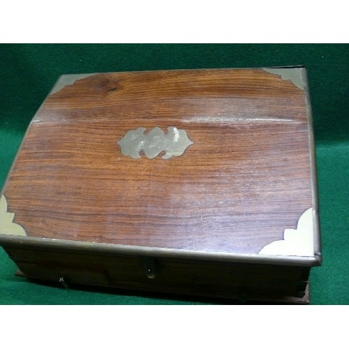 66 - A WOODEN WORK BOX WITH BRASS INLAY.