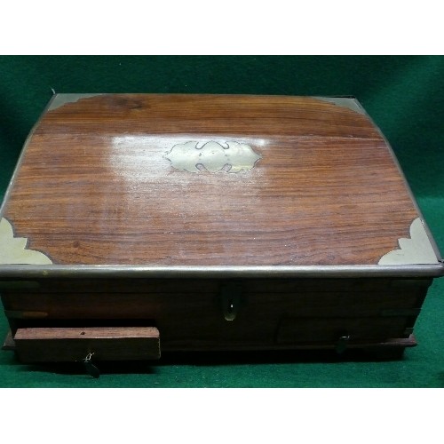 66 - A WOODEN WORK BOX WITH BRASS INLAY.