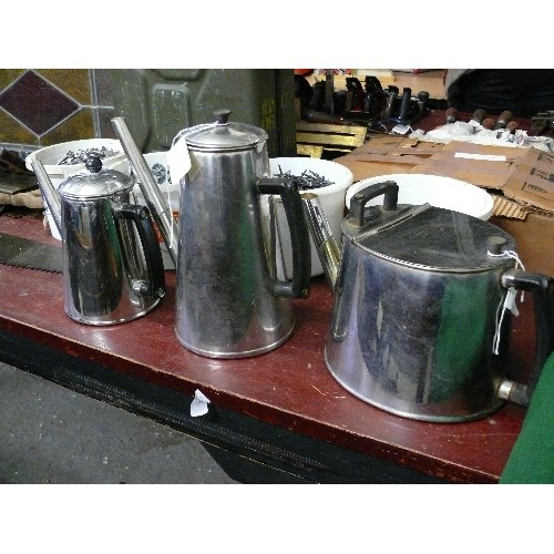 304 - THREE LARGE STAINLESS STEEL TEAPOTS, DIFFERENT SIZES.