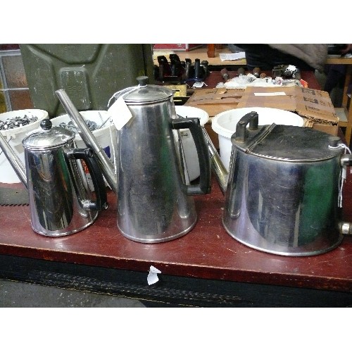 304 - THREE LARGE STAINLESS STEEL TEAPOTS, DIFFERENT SIZES.