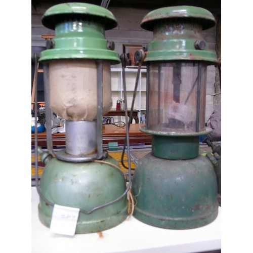 302 - TWO GREEN TOP TILLEY LAMPS.