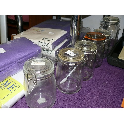 154 - SIX GLASS STORAGE JARS INCLUDING KILNER.