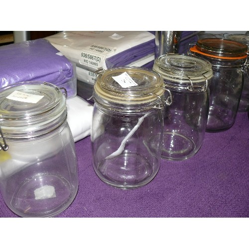 154 - SIX GLASS STORAGE JARS INCLUDING KILNER.