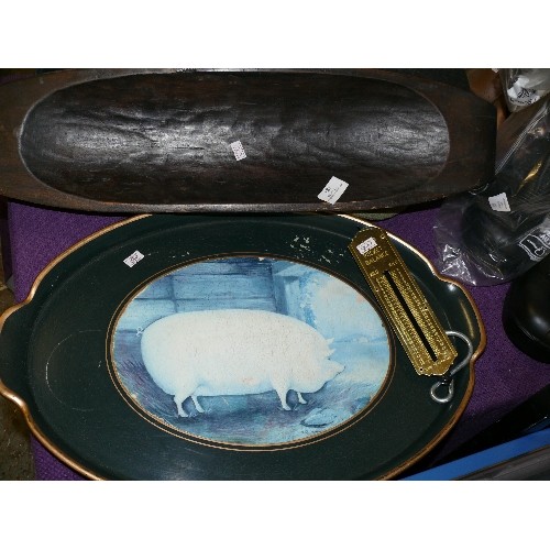 183 - A HEAVY WOODEN OBLONG DISH, PIG THEMED TRAY AND A SET OF POCKET BALANCE SCALES.