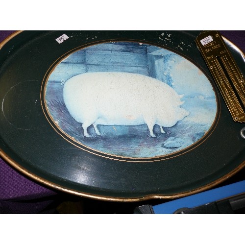 183 - A HEAVY WOODEN OBLONG DISH, PIG THEMED TRAY AND A SET OF POCKET BALANCE SCALES.