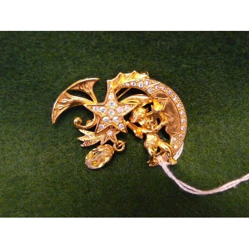 15 - FINEST NEW YORK USA FASHION 'KIRKS FOLLY' FANTASY FAIRY IN MOON ENAMEL BROOCH WITH CRYSTALS.