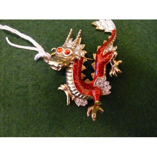 23 - FINEST NEW YORK USA FASHION 'KIRKS FOLLY' FANTASY RED DRAGON ENAMEL BROOCH WITH RED AND WHITE STONES... 