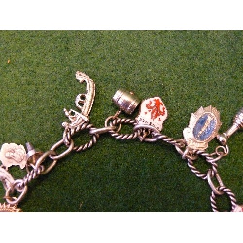 46 - CHARM BRACELET WITH LOTS OF CHARMS, SOME SILVER.