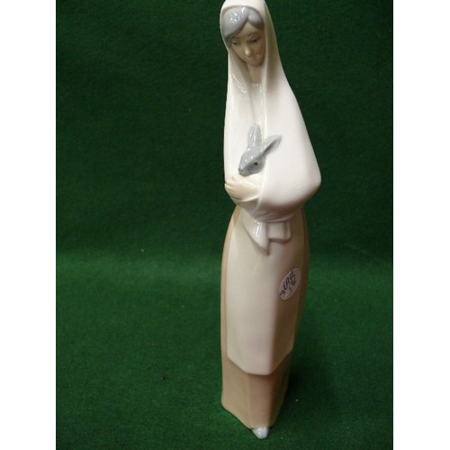 6 - NAO FIGURE OF A LADY HOLDING A RABBIT.