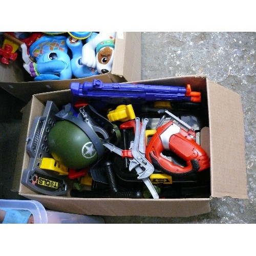 390 - BOX OF KIDS TOYS - PLASTIC TOOLS, HELMET, WATER GUN ETC.