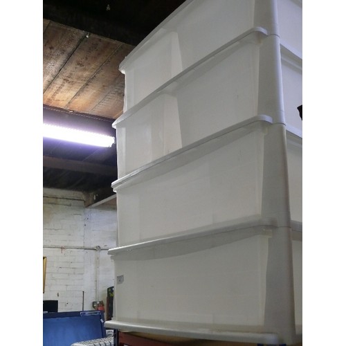 402 - WHITE STORAGE CONTAINER WITH SIX WHITE BOX  DRAWERS.