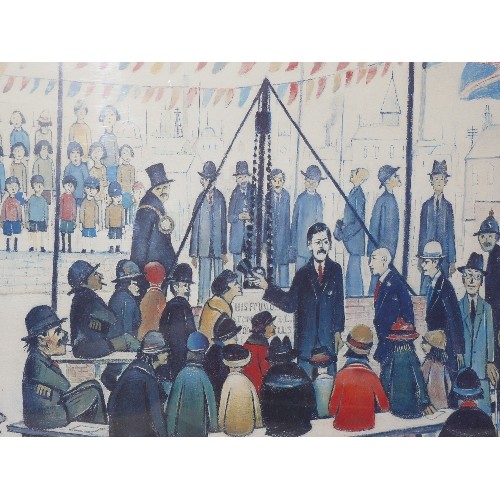 458 - LOWRY, 'LAYING A FOUNDATION STONE' PRINT, FRAMED AND GLAZED.