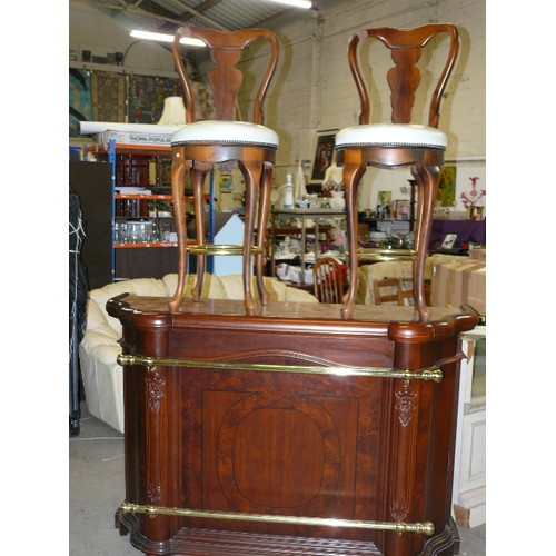 452 - STUNNING HOME BAR WITH MARBLE TOP, HARDWOOD, MAHOGANY STYLE TWO BRASS RAILS (LOWER AND UPPER), CURVE... 