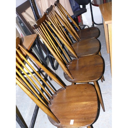 432 - FOUR STICK BACK ERCOL CHAIRS WITH ERCOL ENSIGNIA.