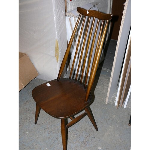 432 - FOUR STICK BACK ERCOL CHAIRS WITH ERCOL ENSIGNIA.