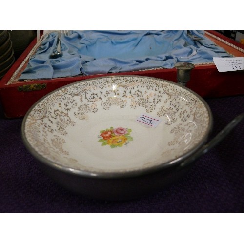 111 - VINTAGE CERAMIC BABY BOWL WITH SILVER PLATE WARMER PLUS FORK AND SPOON, ALL IN ORIGINAL BOX.