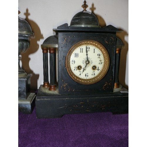 125 - A SLATE MANTLE CLOCK AND ONE MATCHING GARNITURE.