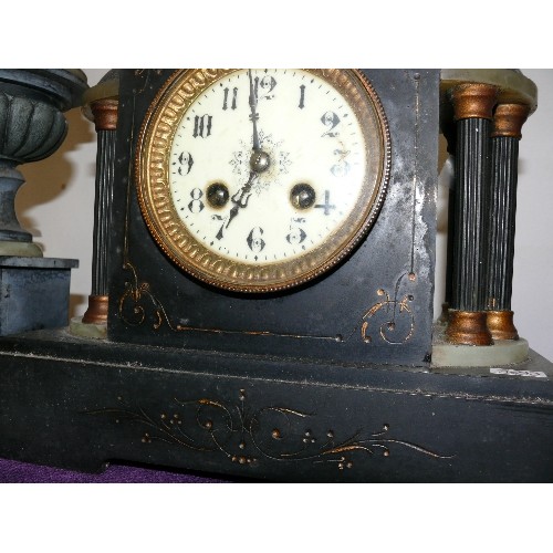 125 - A SLATE MANTLE CLOCK AND ONE MATCHING GARNITURE.