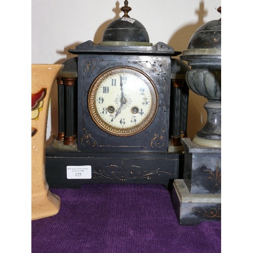 125 - A SLATE MANTLE CLOCK AND ONE MATCHING GARNITURE.