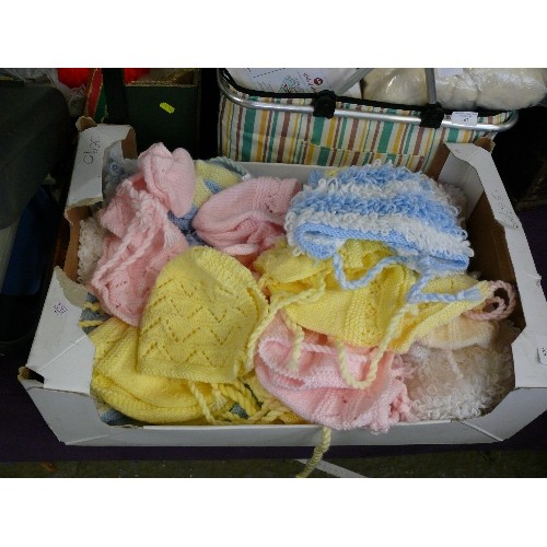 166 - BOX OF KNITTED BABY HATS AND BOOTIES.