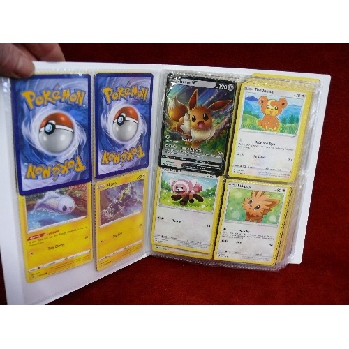 71 - A FOLDER OF POKEMON CARDS PLUS THREE POKEMON TINS WITH FURTHER CONTENTS OF CARDS.