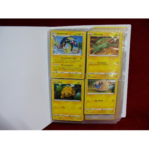 71 - A FOLDER OF POKEMON CARDS PLUS THREE POKEMON TINS WITH FURTHER CONTENTS OF CARDS.