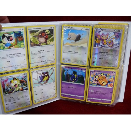 71 - A FOLDER OF POKEMON CARDS PLUS THREE POKEMON TINS WITH FURTHER CONTENTS OF CARDS.